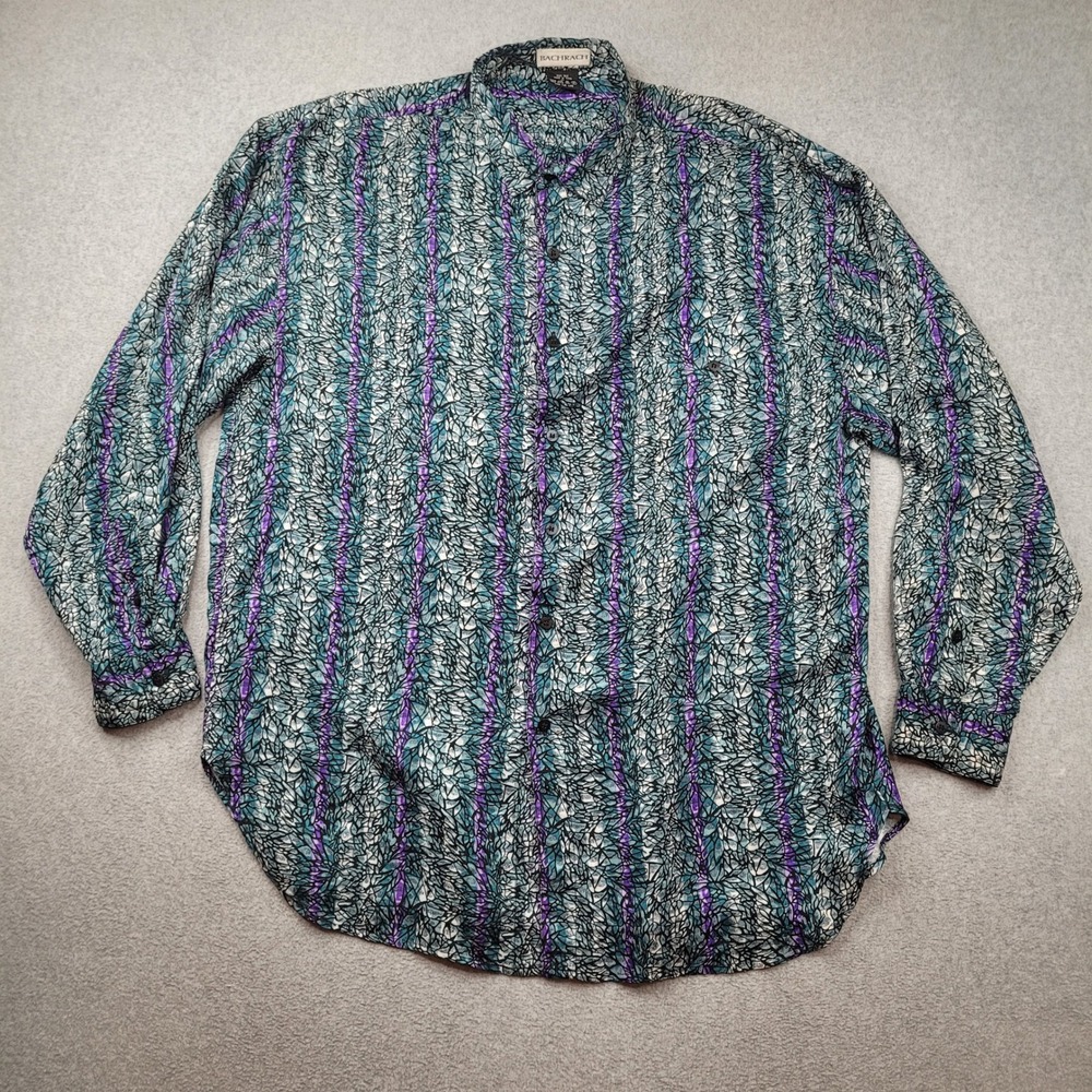 Bachrach 100% Silk Button Up Shirt Mens XL Teal Purple Abstract Long Sleeve